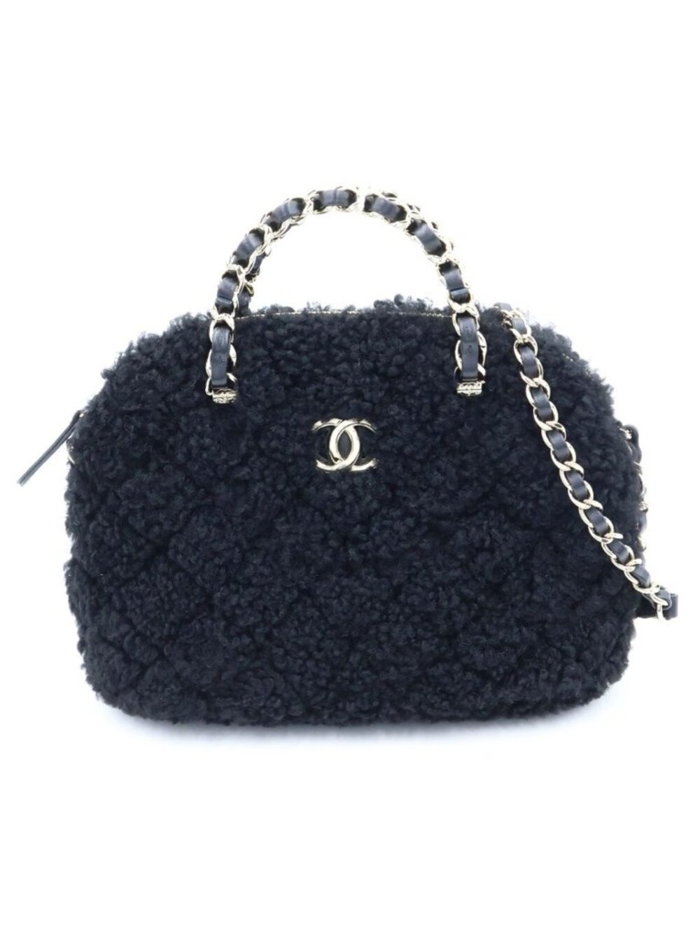 Chanel CC Logo Fleece 2-Way Shoulder Bag Black Leather Gold